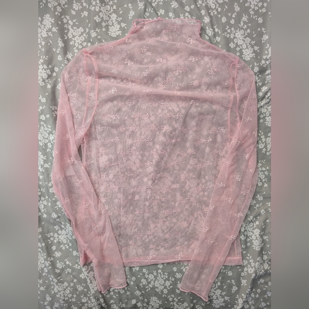 Women's Sheer Long Sleeve Pink Bow Print Top Size Small